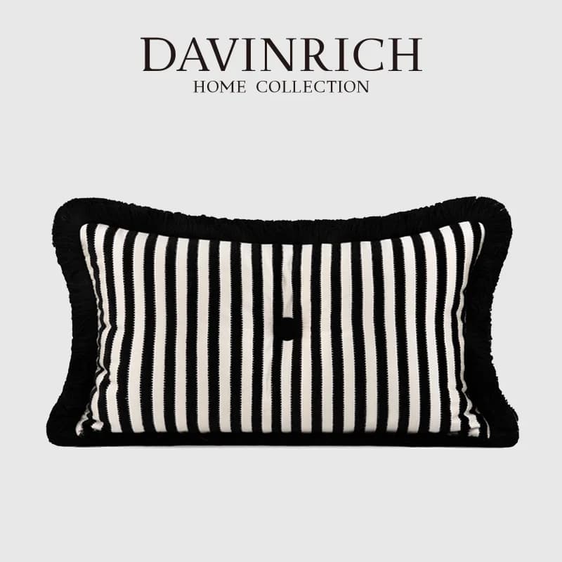 DAVINRICH Fodera per cuscino lombare a righe bianche e nere in tessuto italiano con frange, 30x50cm