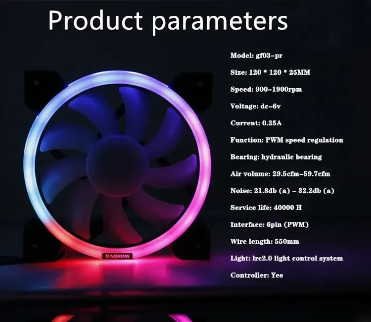 Barrow BF03-PR, LRC2.0 (5 V 6 pin) Illuminazione Ventole PWM, Ventole di raffreddamento ad acqua, Cuscinetti idraulici, Illuminazione ad anello regolabile
