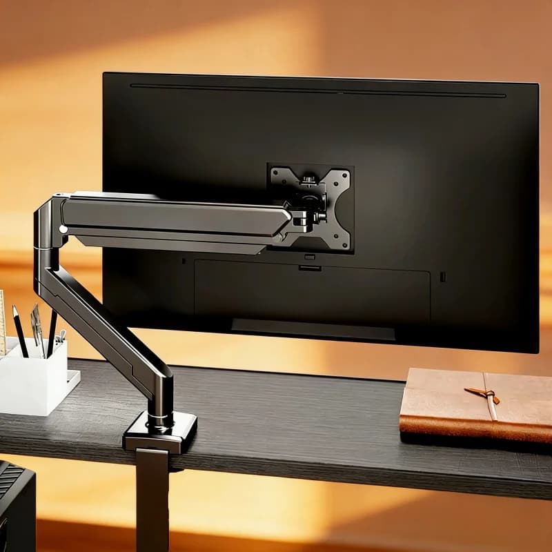 Universal black support for single monitor, supports 32 inch screens, maximum load 19,8 pounds, adjustable desk support.