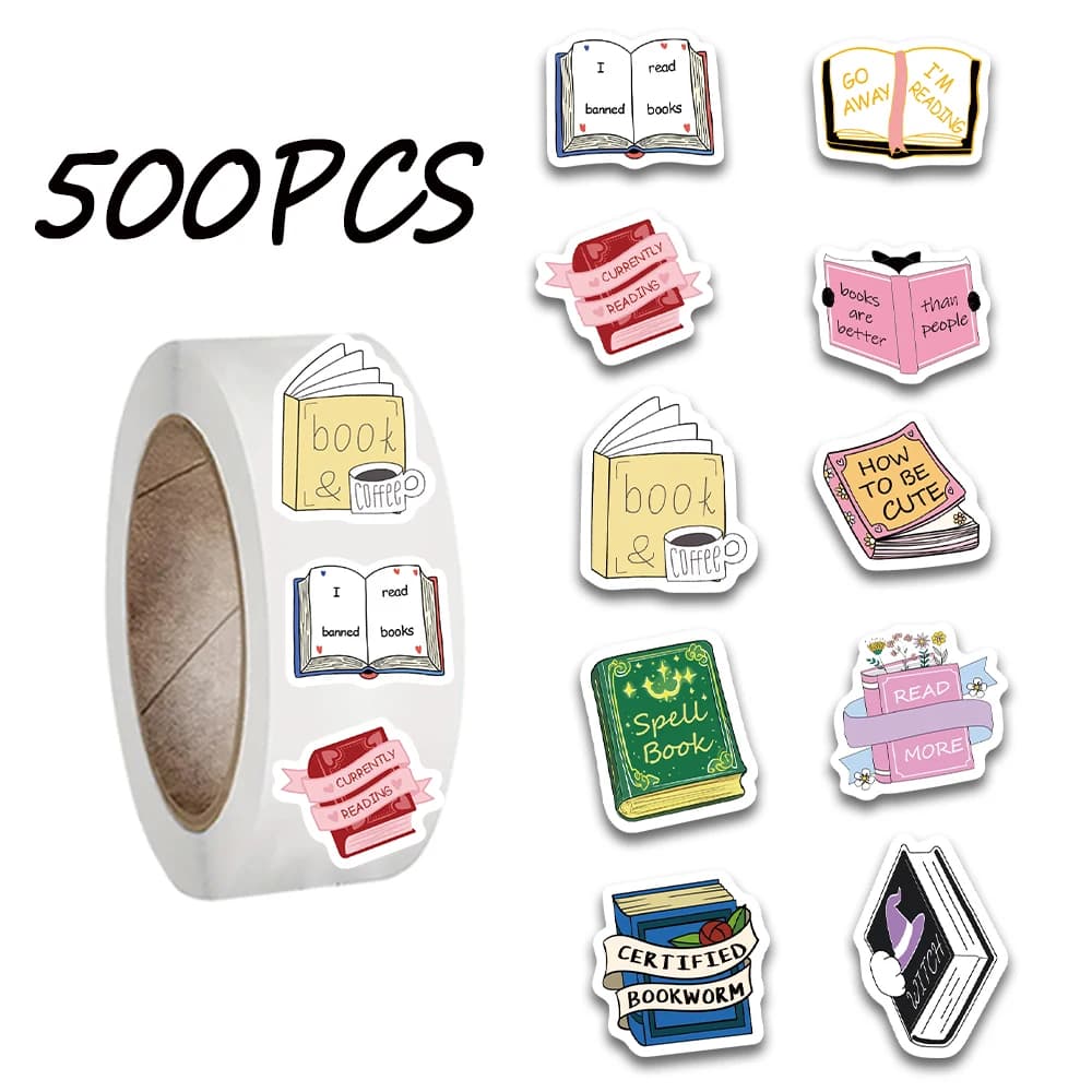 500 adesivi colorati in rotolo della serie Bookish, adatti per decorare bottiglie d'acqua, chitarre, libri, adesivi impermeabili