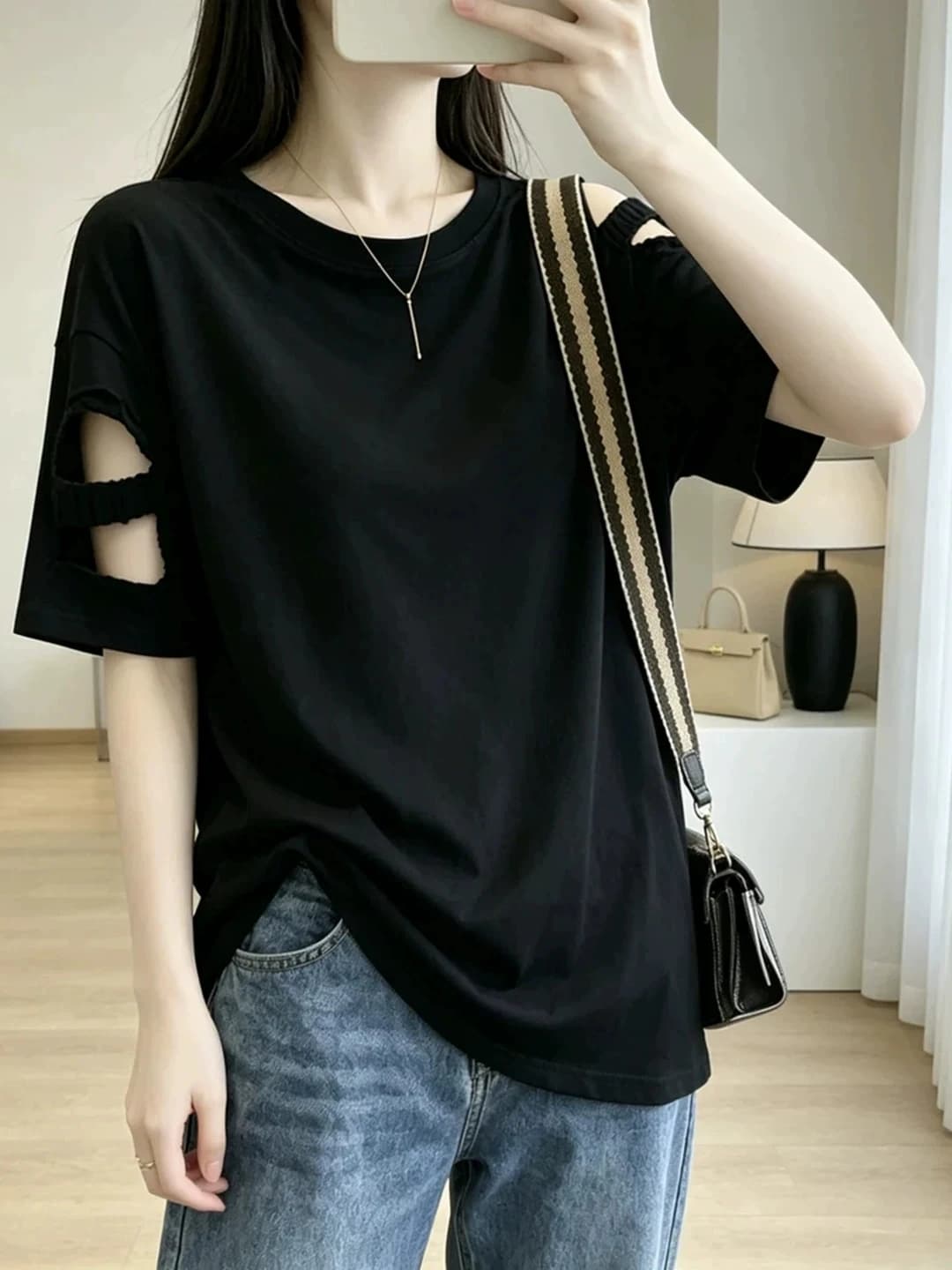 plus Size Black Cotton Short Sleeve T-Shirt Women's Loose Fit Summer New Style Hollow out Design Slimming Top Korean Style