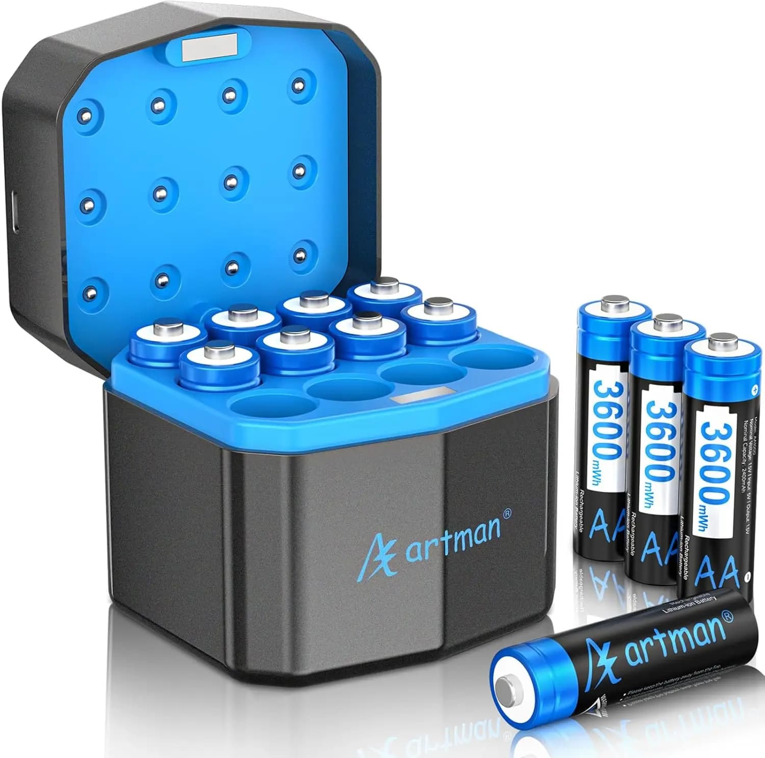 Rechargeable AA Lithium Batteries, 12 Pack with Charger, 3600mWh High Power for Blink Camera, Over 2000 Cycles, Black