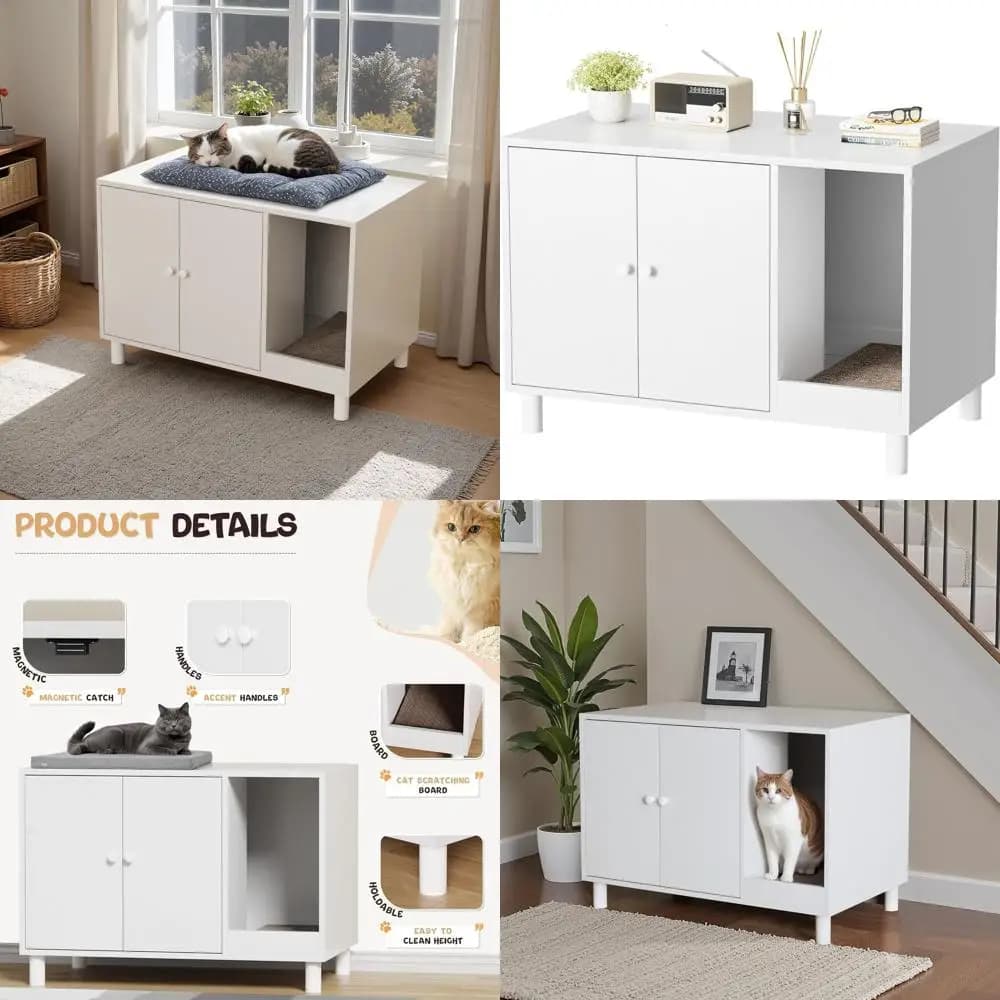 Elegante contenitore per lettiera per gatti con antigraffio, bagno nascosto e design con porta della stalla, casa per gatti e tavolino da interno in bianco