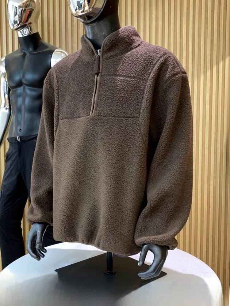 Retro Japanese Style Fleece Lined Thickened Loose Sweatshirt Jacket for Couples Autumn Winter Half Zipper Casual Outerwear
