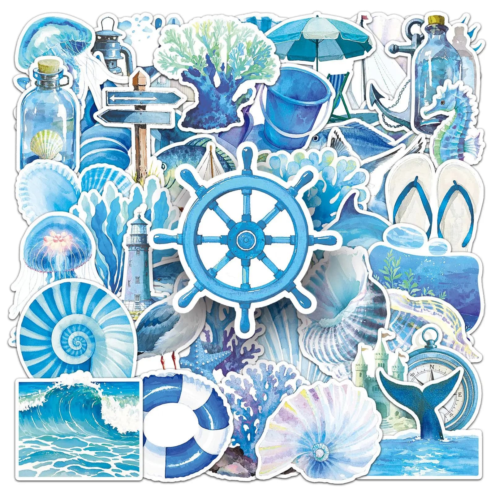 Confezione da 50 Adesivi Decorativi Acquerello Blu Oceano per Telefono, Tablet, Tazza, Chitarra, Valigia, Quaderno, Frigorifero