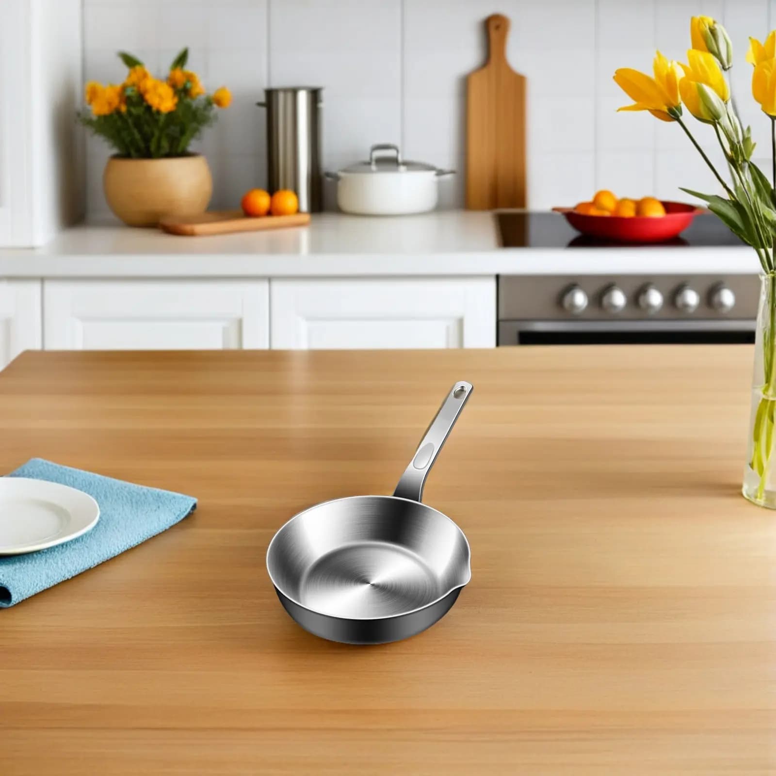 Stainless Steel Mini Frying Pan Small Flat Bottom Egg Pan Sauce Pot Spout Single Serve Breakfast Cooking Kitchen