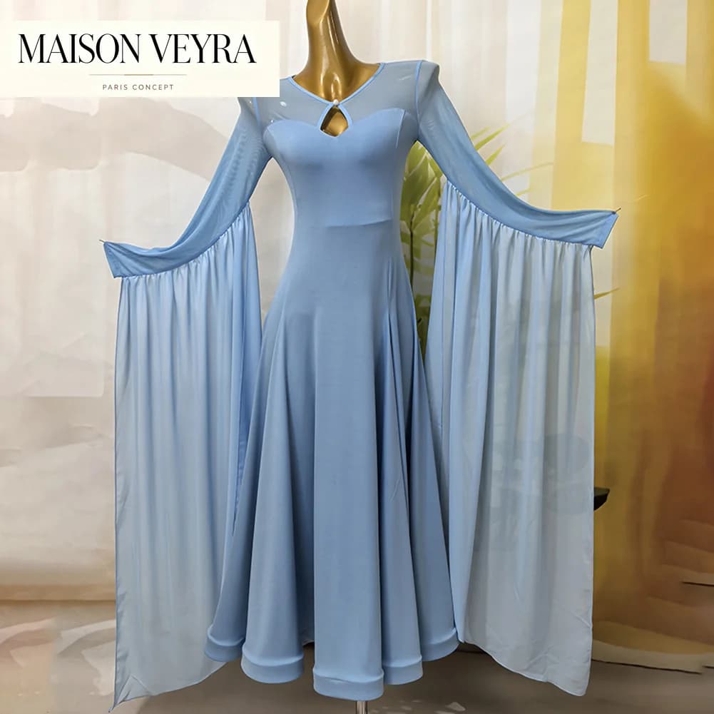 Women's Dance Team Performance Costume Women's Red Ballroom Practice Light Dress Blue Waltz Black Dress with Big Sleeves