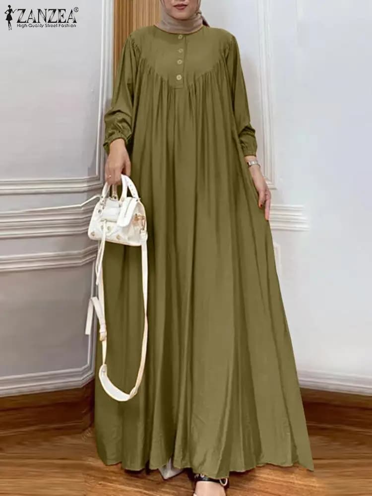 ZANZEA Solido Musulmano Moda Abito Islamico Vintage Turchia Abaya Robe Manica Lunga Hijab O Collo Pieghettato Allentato Kebaya 2025