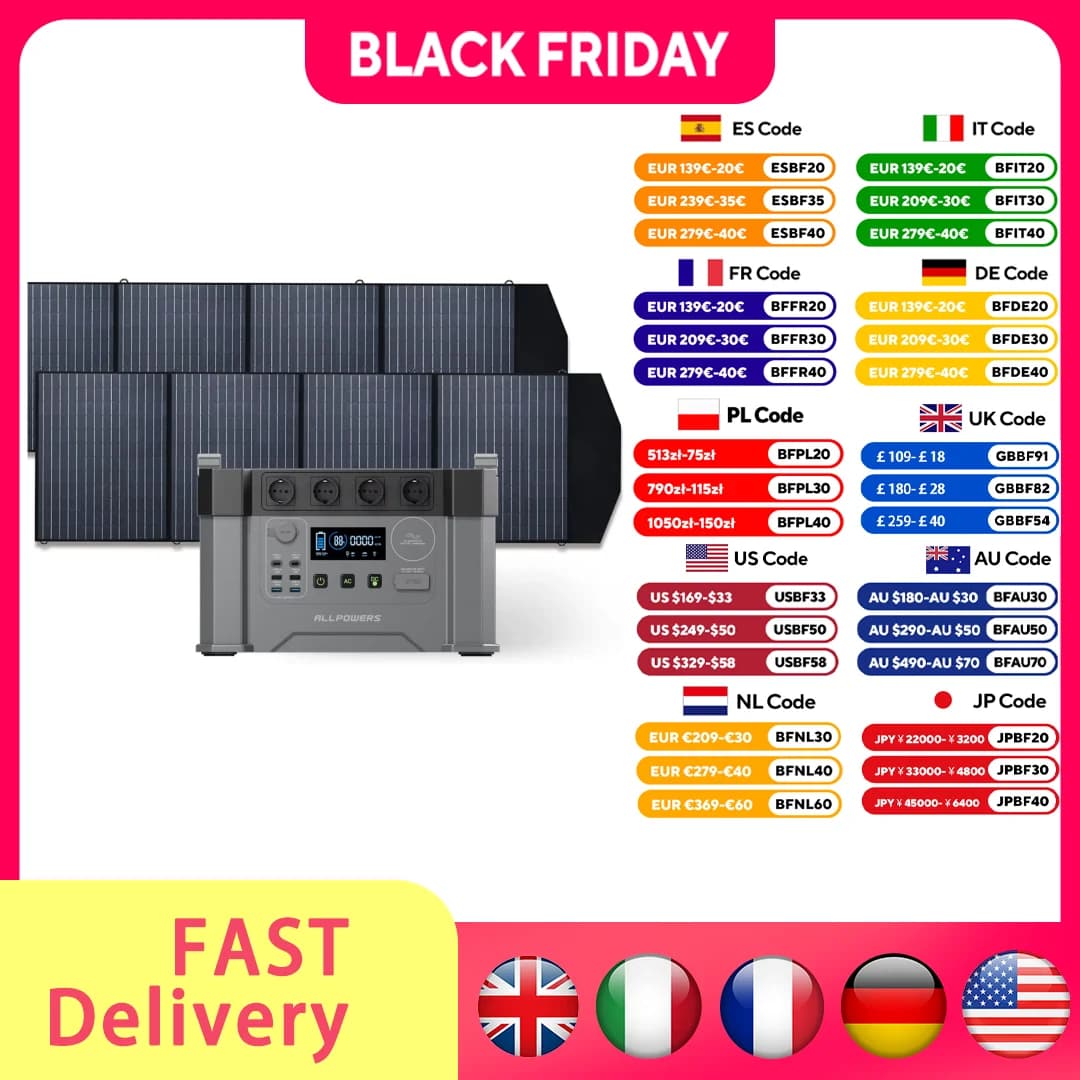 ALLPOWERS S2000 Pro Generatore solare 1451Wh 2400W Centrale elettrica portatile e pannello solare pieghevole 140W/200W/400W per camper da campeggio