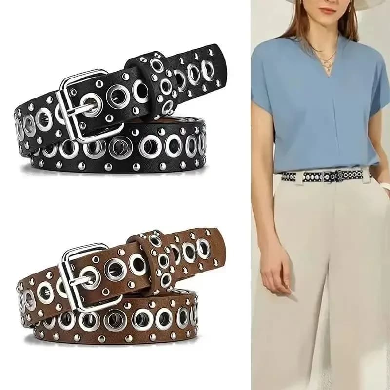 New European American Style Metal Eyelet Stud Belt Fashionable Versatile Decorative Belts High-End Women's Buckle Belt