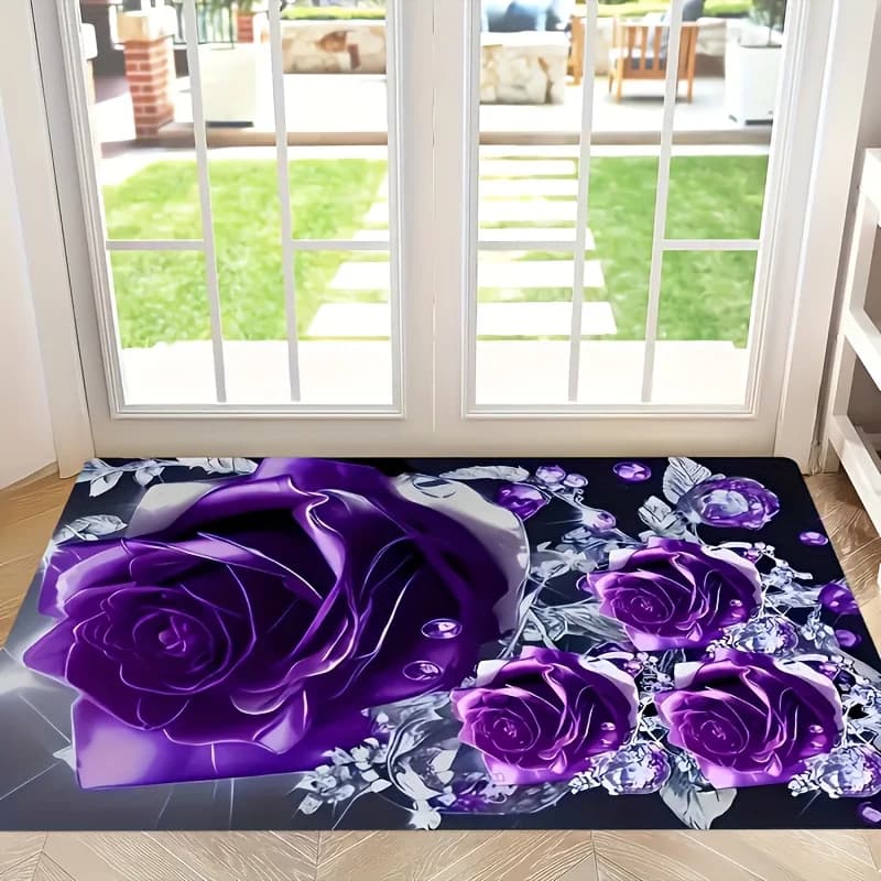 VIKAMA Elegant Purple Rose Carpet Machine Washable Rug for Living Room Home Large Area Rug Floor Mat Camping Mat Bedside Rugs
