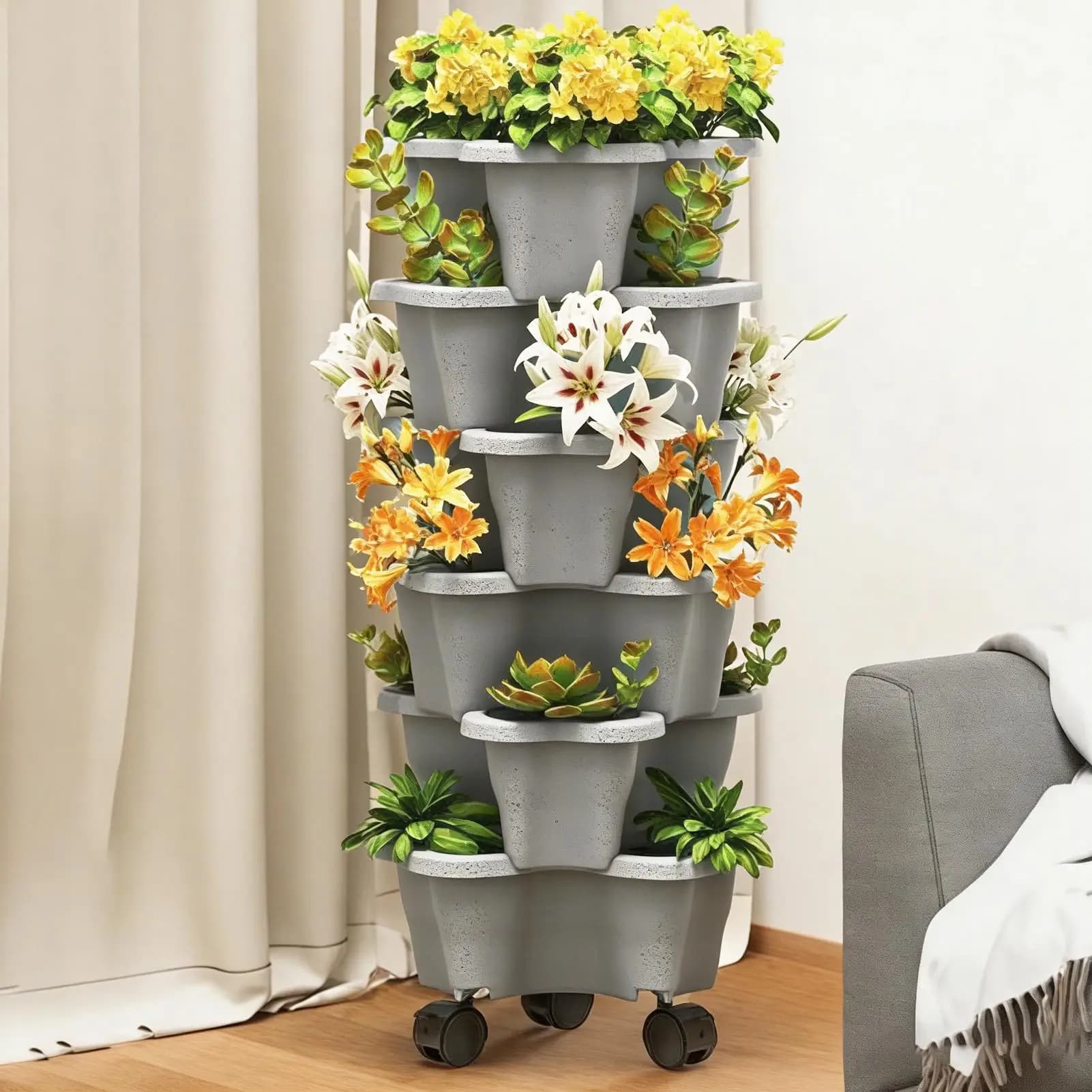 6 Layers Stackable Vertical Flower Pot Garden Planter Tower with Movable Casters for Strawberry Vegetable Frame Grow Planter