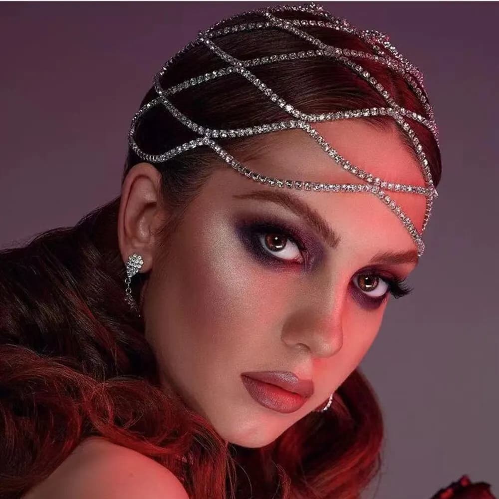 Copricapo a Rete con Strass, Gioiello per Capelli da Sposa, Catena per la Testa da Donna, Fascia di Lusso con Cristalli, Accessori per Capelli