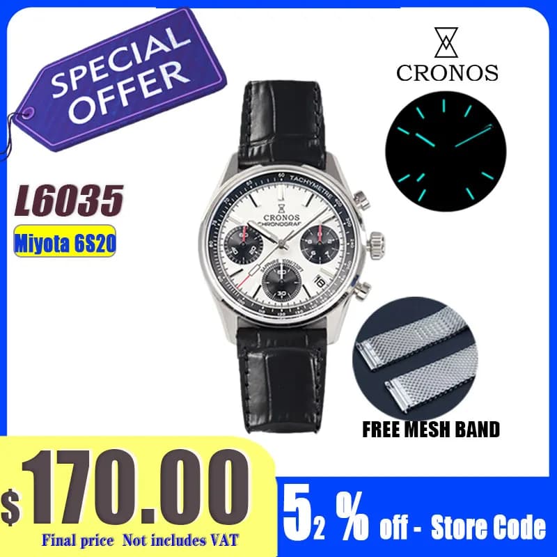Cronos Nuovo Orologio Cronografo al Quarzo da Uomo Miyota 6S20 Quadrante Panda Bianco e Nero Zaffiro 10 ATM Tachimetro Cinturino in Pelle