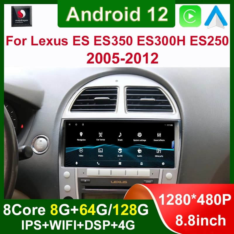 Android 12 8 + 128G Lettore DVD per auto Qualcomm Carplay da 8,8 pollici per LEXUS ES ES200 ES300H ES250 ES350 2005-2012 Multimedia Stereo