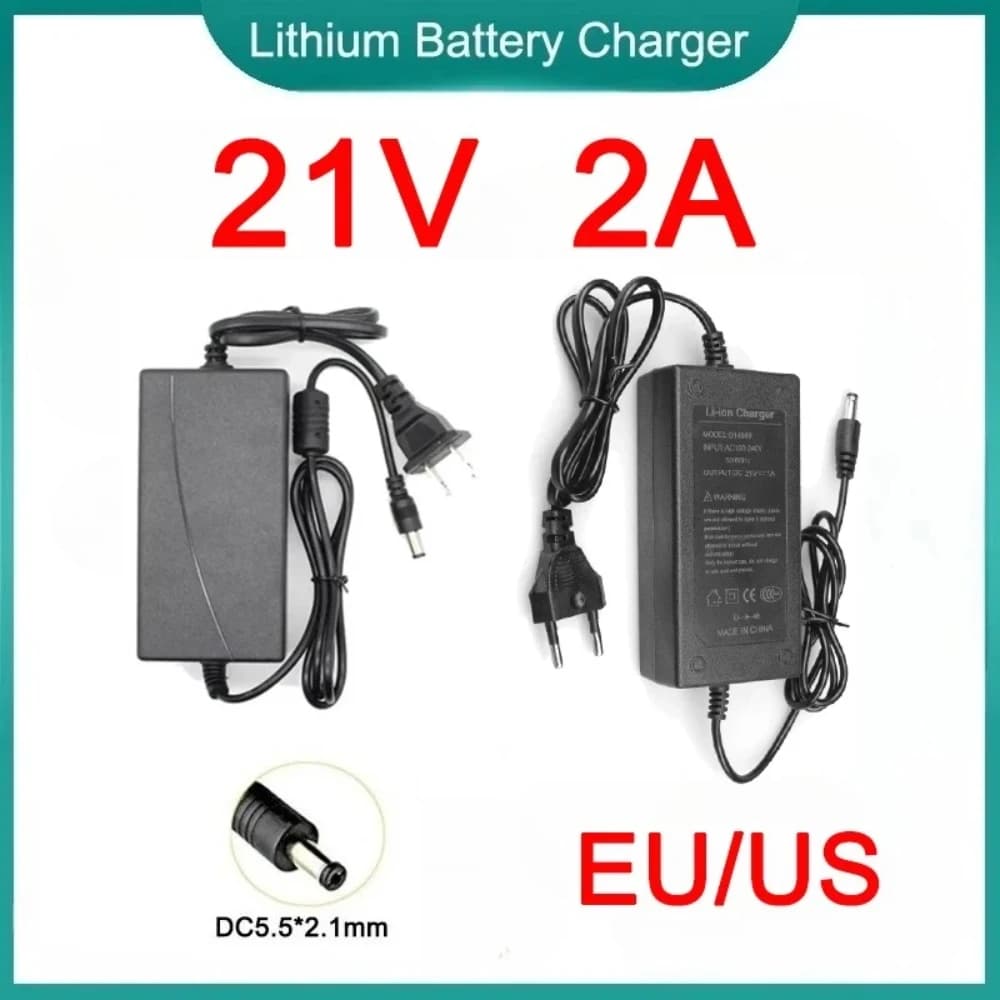 Caricabatterie Universale al Litio 21V 2A, Adattatore di Alimentazione con Porta DC e Connettore Inline, Caricabatterie per Batterie 18650, Spina EU/US