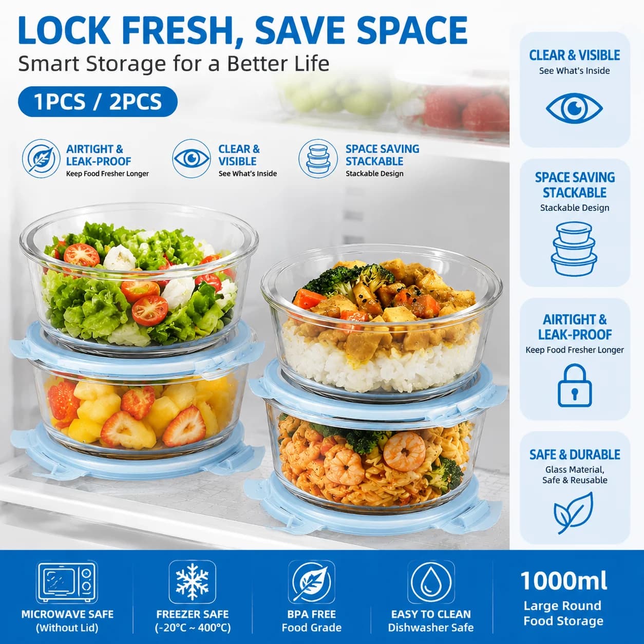High Borosilicate Glass Food Storage Container Leakproof Lunch Box Microwave Freezer Safe Meal Prep Bowl for Office Home