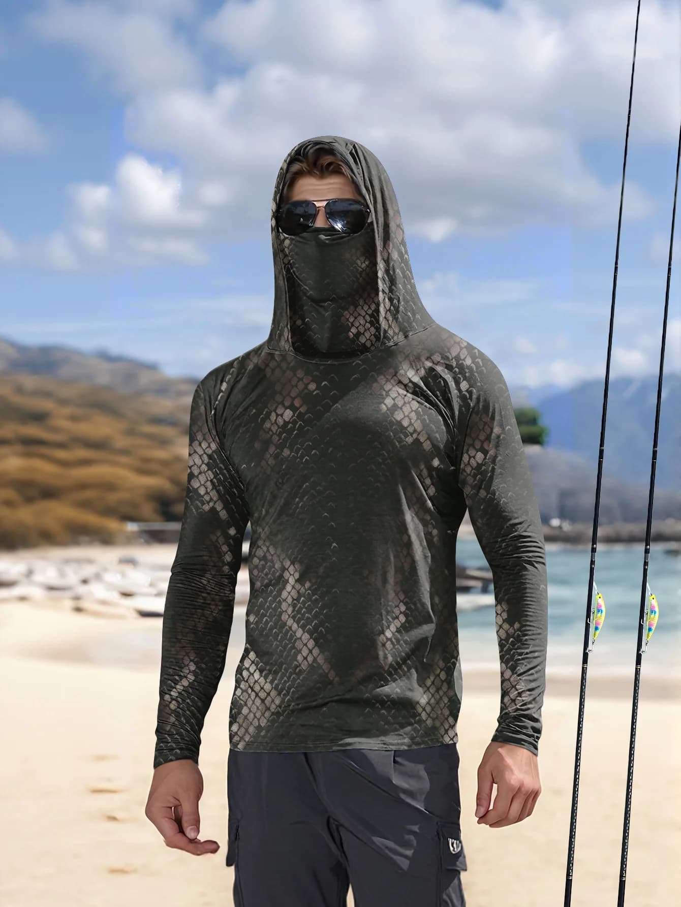 Camicia da Pesca per Uomo con Cappuccio, Maniche Lunghe, Mimetica, Traspirante, Anti-UV, Leggera e Resistente al Sudore