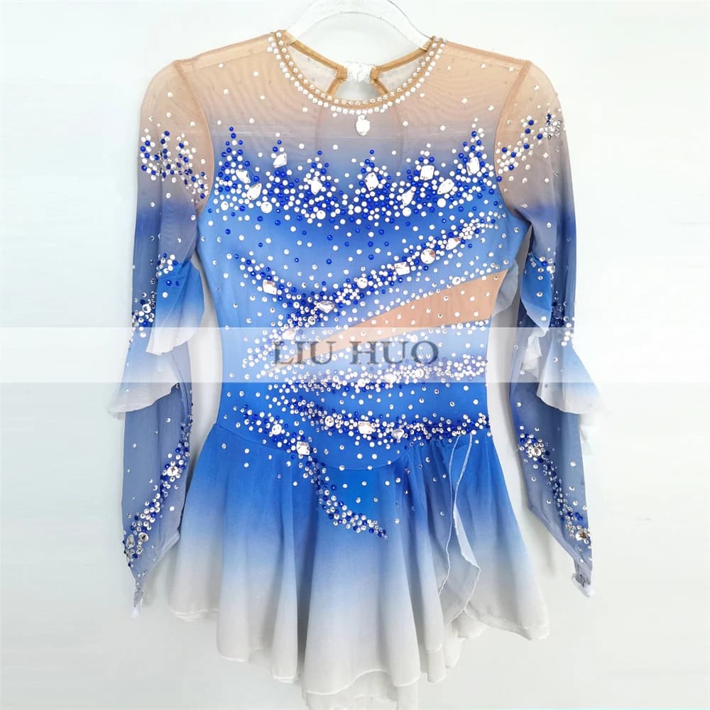 LIUHUO Danza sul Ghiaccio Pattinaggio di Figura Vestito Donna Ragazza Adolescente Personalizza Costume Prestazioni Concorso Body Gradiente Blu Rullo