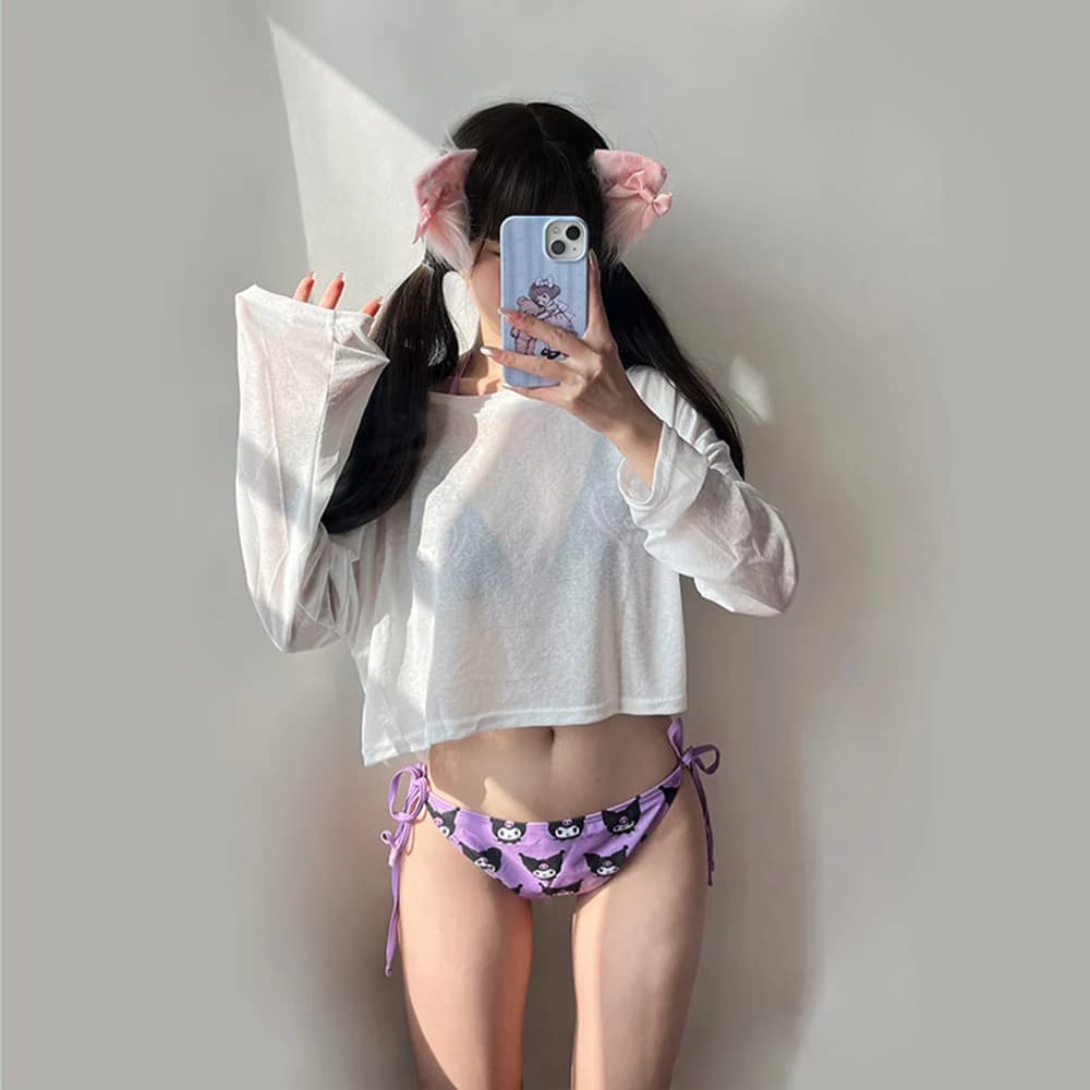 2 Pezzi Set Bikini Kuromi Y2K Kawaii da Donna, Costume da Bagno Halter a Triangolo, Stampa Anime Estate 2026, Viola Nero, Abbigliamento da Spiaggia per Ragazze