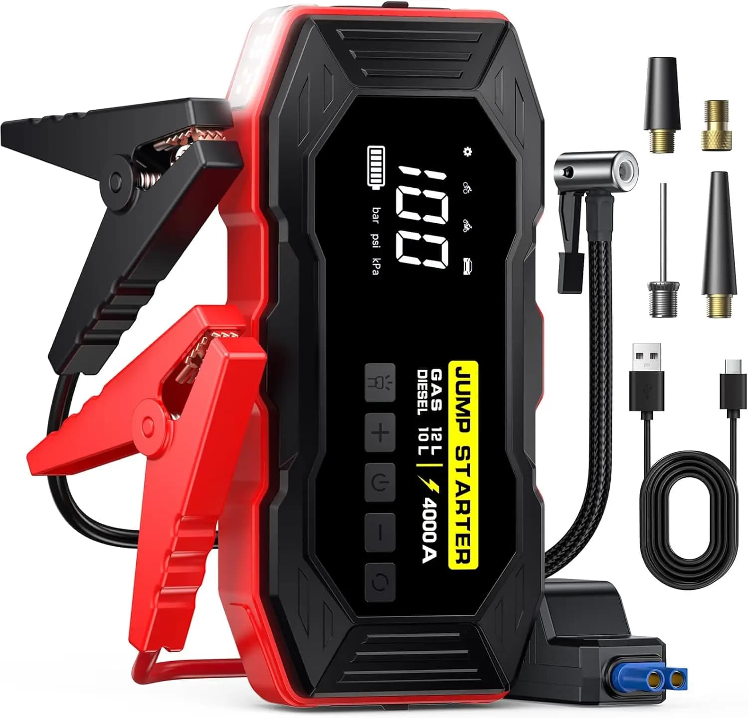 Avviatore portatile per auto con compressore d'aria, picco 4000 A 160 PSI, strumento di emergenza 4 in 1 per veicoli