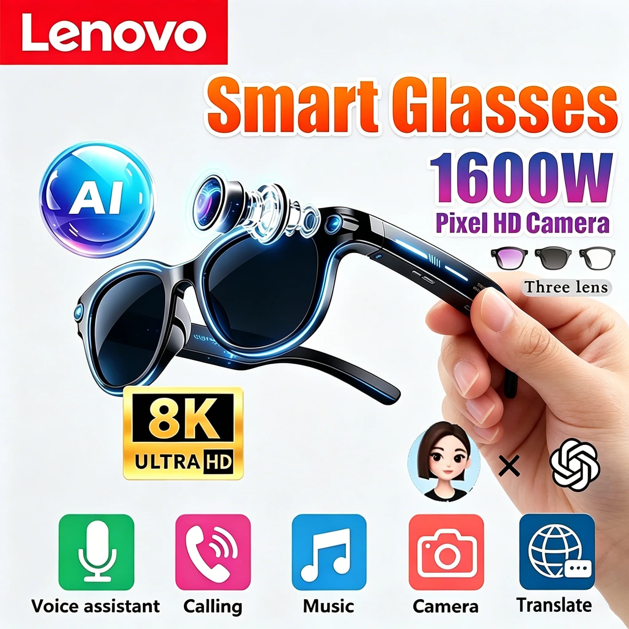 Occhiali Smart AI Lenovo 8K Nuovi 2026 con Traduzione AI, Chiamate Bluetooth, Lettore Musicale, Controllo Fotocamera e Protezione Anti-Luce Blu