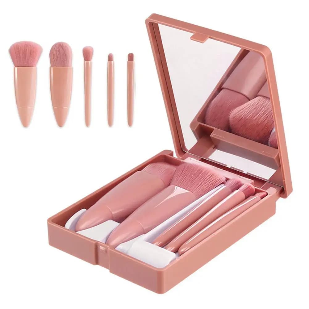 Set di 5 mini pennelli per trucco con custodia a specchio, rosa, portatile, da viaggio, per fondotinta, cipria, ombretto, strumenti di bellezza