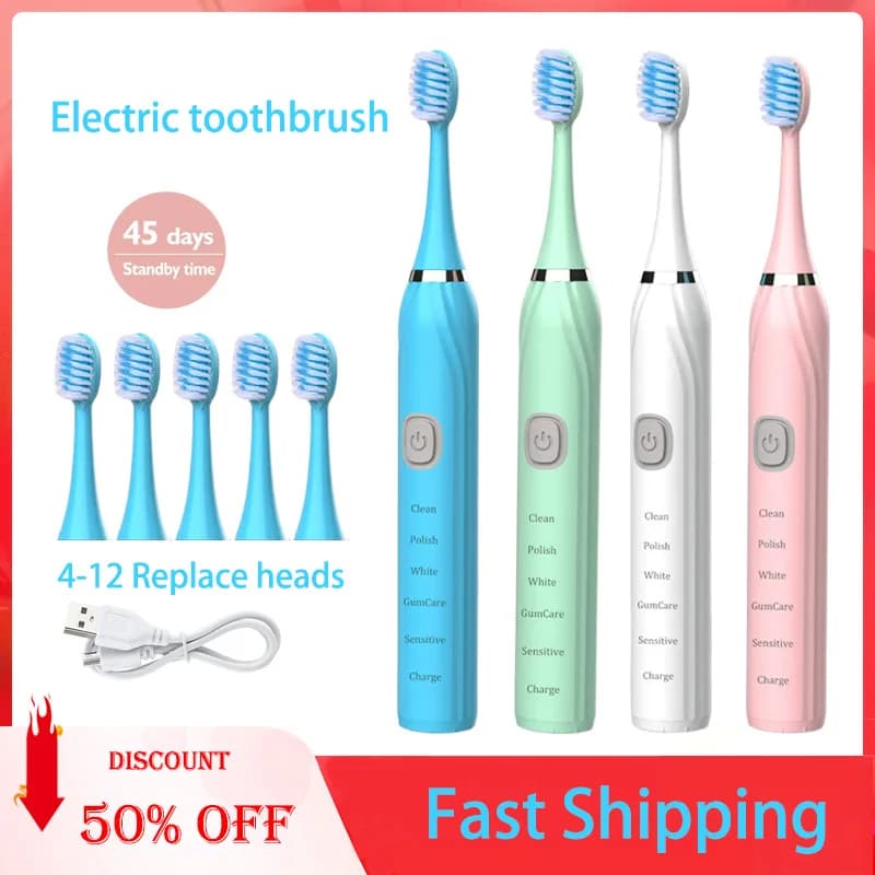 Spazzolino elettrico sonico per pulizia spazzolino per adulti Spazzolino da denti ad ultrasuoni impermeabile ricaricabile automatico per capelli morbidi 4 teste