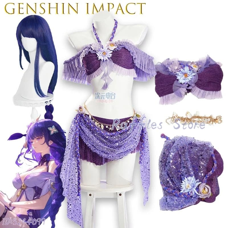 Raffles Store Genshin Impact Raiden Shogun Costume da Bagno Viola Esotico Anime Cosplay Hot Spring Due Pezzi Estivo