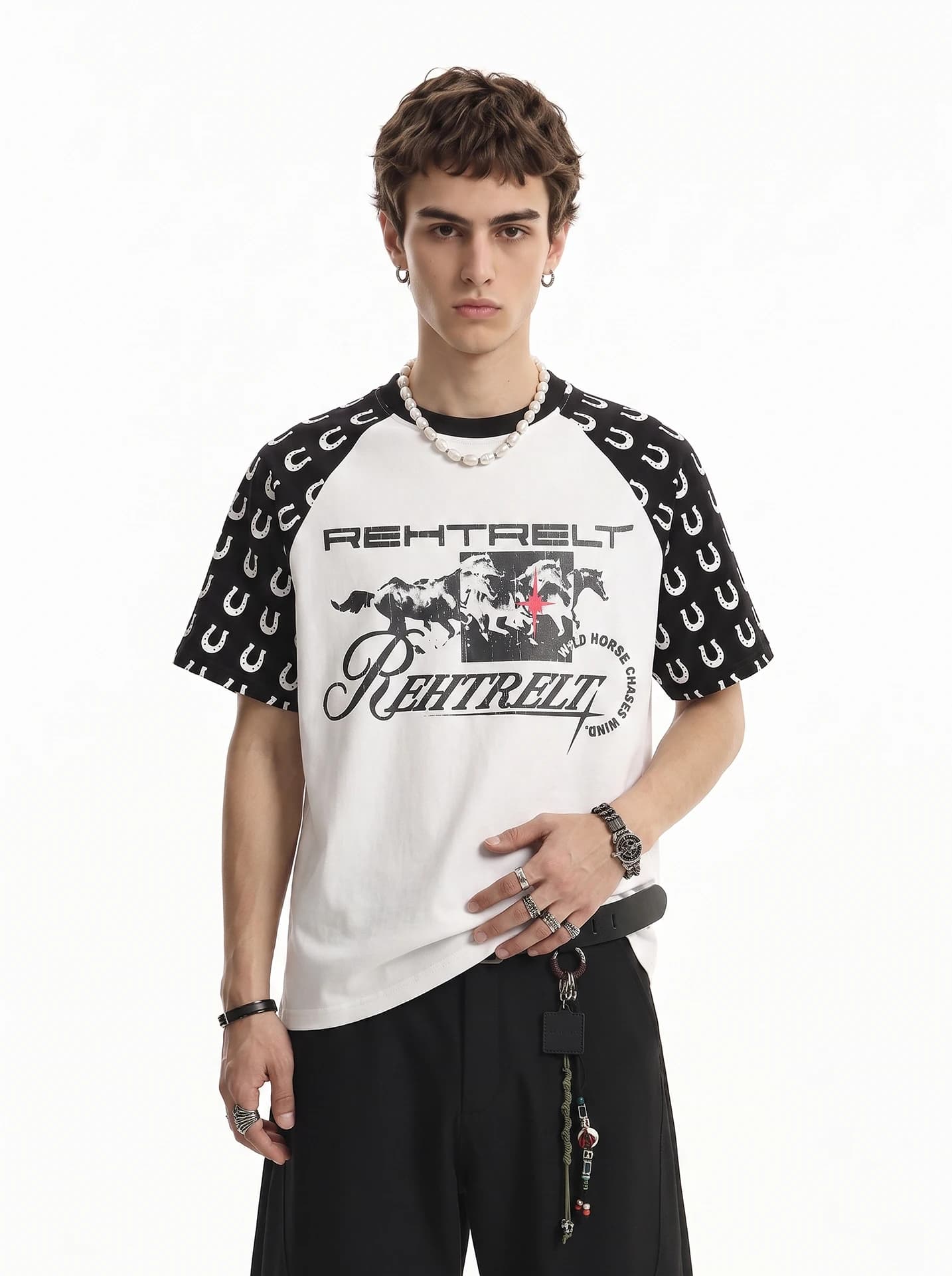 BETEBULE American Style Loose Fit Short Sleeve T-Shirt Men's Summer New Color Block Print Letter Design Breathable Casual Top
