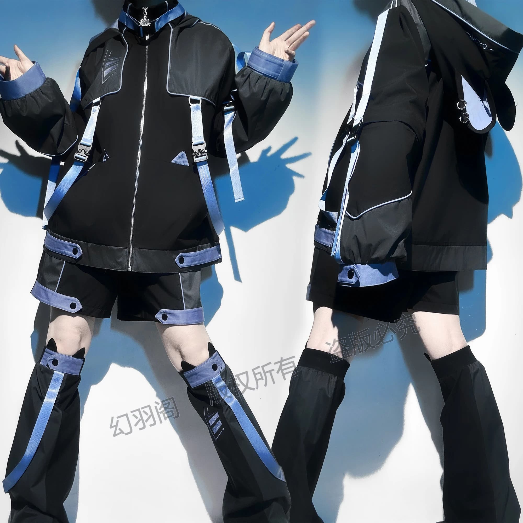 Set of waterproof interchangeable jackets for Japanese subculture, cute cat ears, cardigan with detachable sleeves with hood, coat, women's shorts