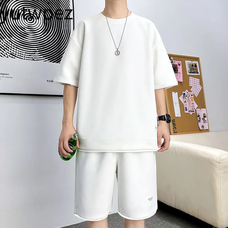 Summer Men's Sports Running Cycling Outdoor Hiking Waffle Comfortable Tracksuit Suits Casual Short-sleeve T-Shirt + Shorts Set