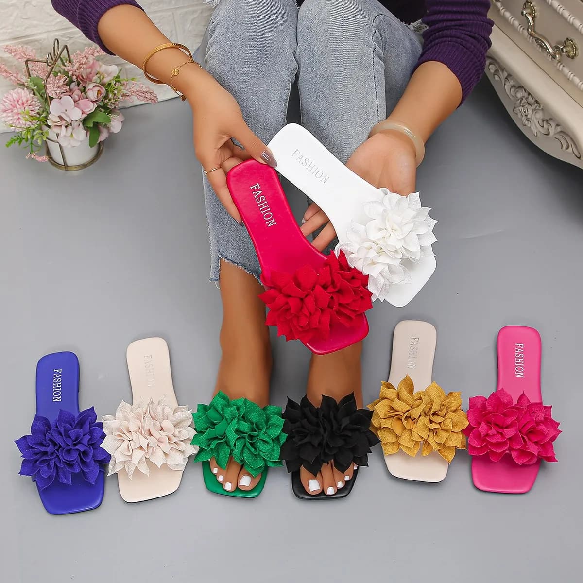 Sandali a ciabatta con fiori all'uncinetto da donna, estivi, rosa, blu, floreali, ciabatte a mule, da donna, color arcobaleno, per vacanze all'aperto, scarpe basse slip-on