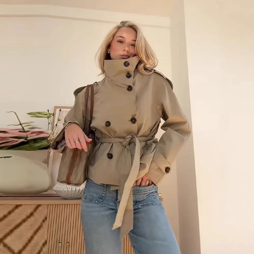 Women Short Trench Coat 2026 Fall, Stand Collar Double‑Breasted Belted Design Outerwear Jacket