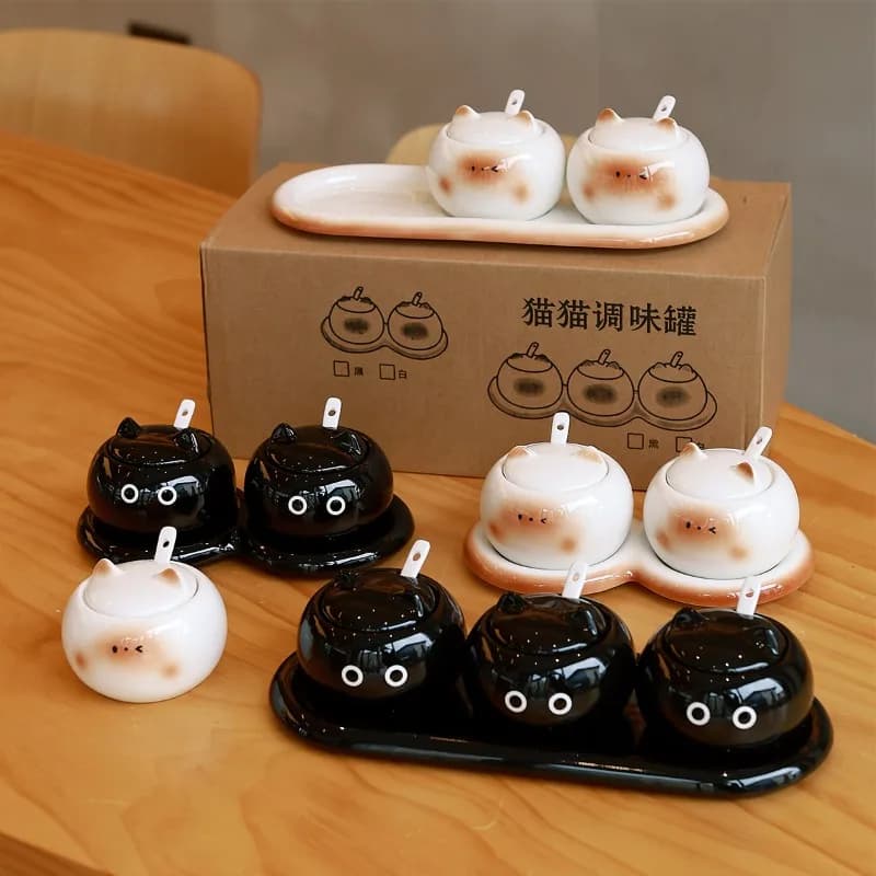 Set di Barattoli per Spezie in Ceramica a Forma di Gatto Coreano Carino, Creativo Portasale e Zucchero a Forma di Gatto Siamese, Utensili da Cucina