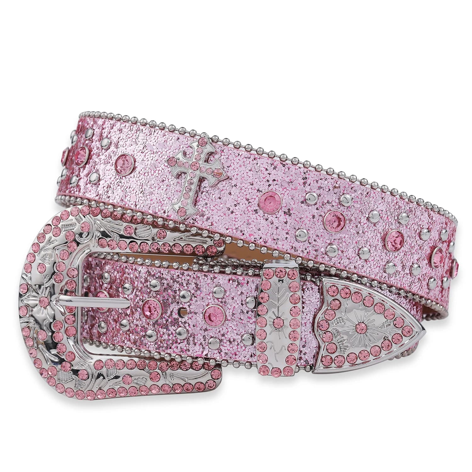 Pink belt with sparkling cross strass, inlaid leather belt punk rock for men's jeans