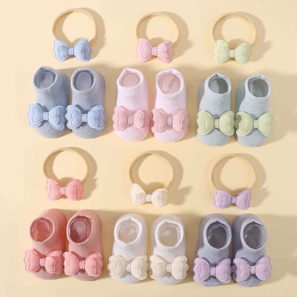 2pcs Lovely Baby Bows Socks Set Fresh Candy Color Breathable Short Socks with Sweet Flower Headband Elastic Hairband for Newboen
