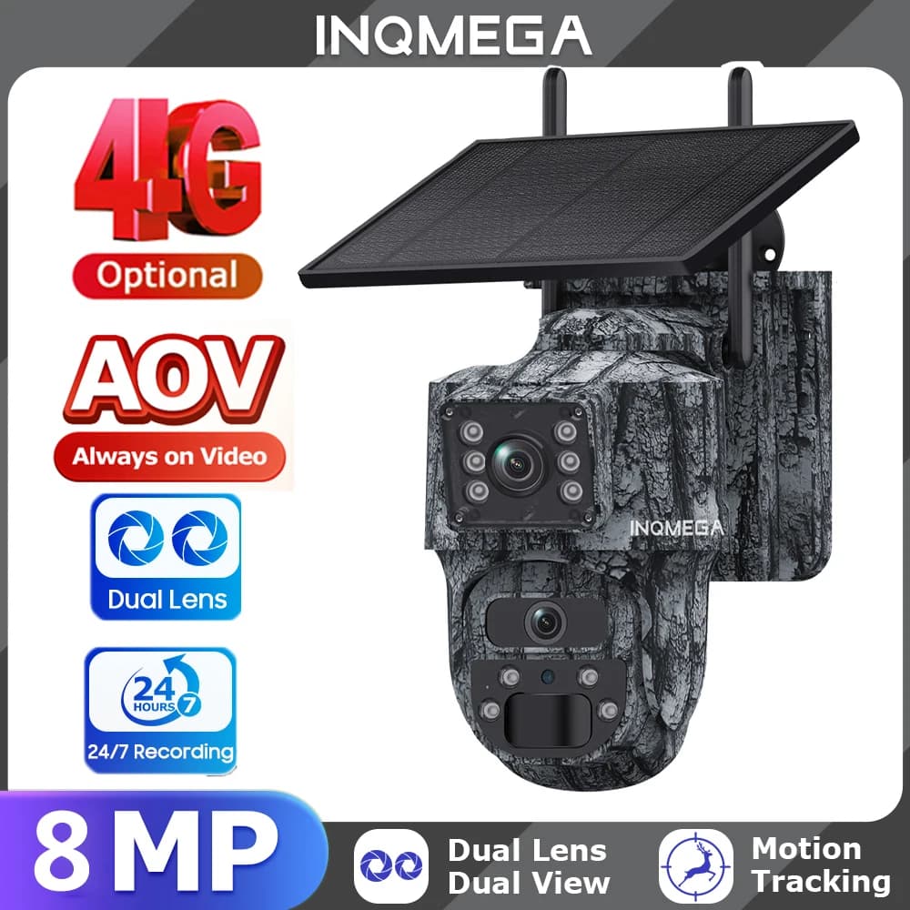 INQMEGA Telecamera Solare 4G 8MP con Video Continuo, Telecamera di Sicurezza Mimetica per Esterni Wireless 360° ° Sorveglianza senza punti ciechi AOV