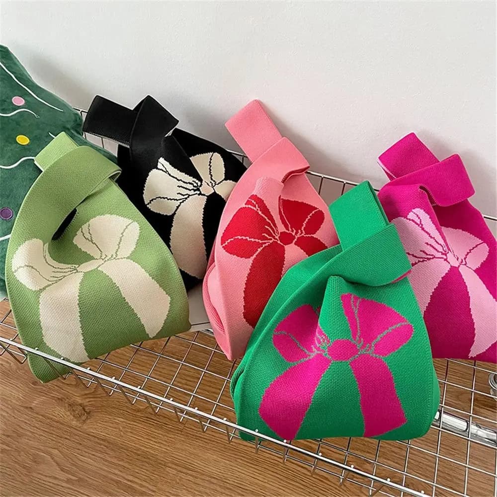Vendita calda borsa a mano in maglia riutilizzabile Casual papillon nodo polso Tote moda Shopping borsa 20*36cm per le donne ragazze