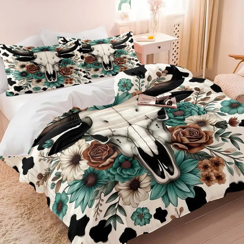 Set copripiumino floreale con teschio di mucca in stile western (1 copripiumino e 1/2 federa) - Set biancheria da letto Boho per camera da letto e arredamento rustico