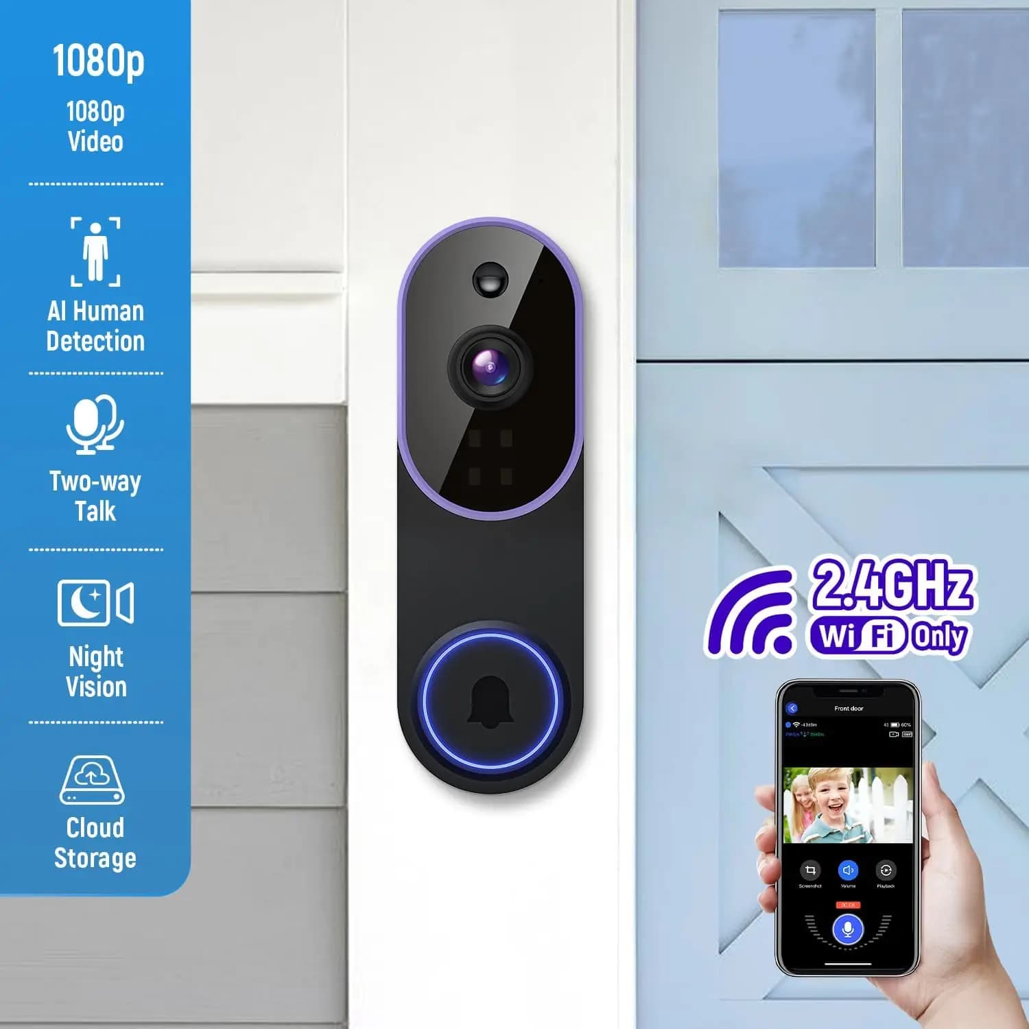 Smart Wireless Video Doorbell Camera Ai Human Detection Night Vision Cloud Storage Battery Powered Indoor Outdoor Home JJ3093