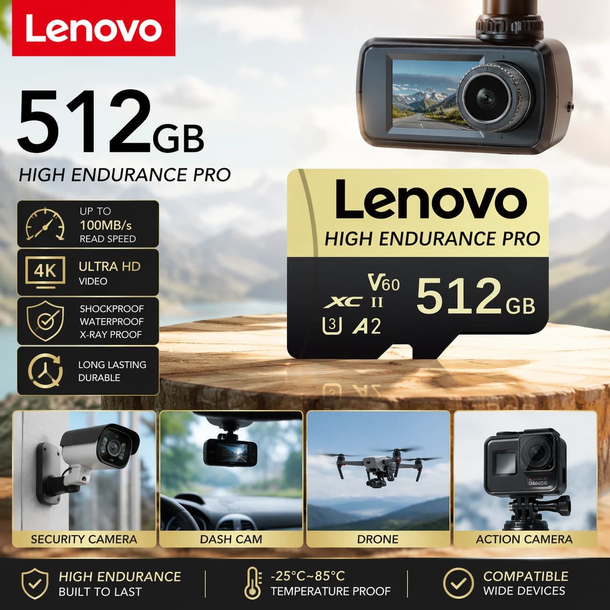 Lenovo 512GB Micro TF SD Card High-Speed Support 4K V30 U3 TF Flash Cards For Drone Camera Monitoring Extreme Pro SD Memory Card