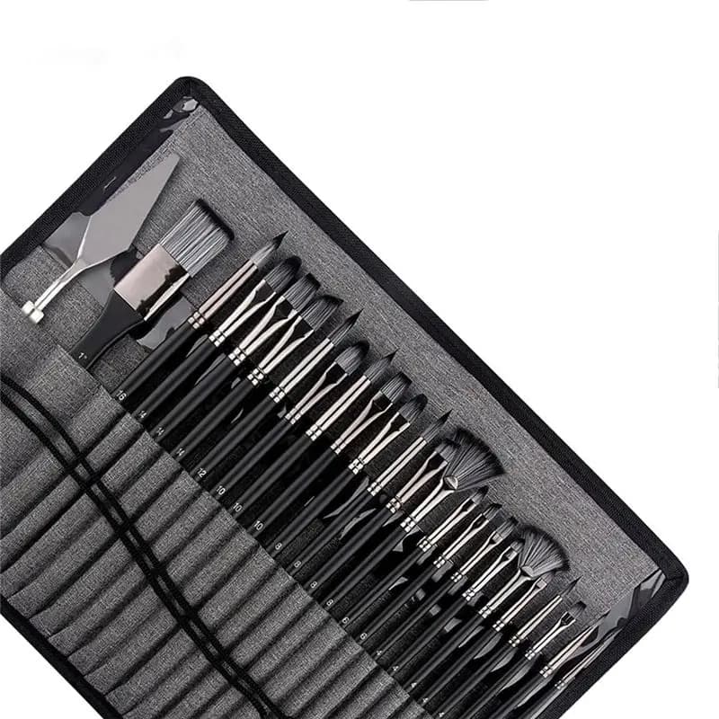 A33R-25Piece Paint Brush Set,Wooden Handled Brushes With Canvas Brush Case, Professional Oil, Acrylic And Watercolor Painting