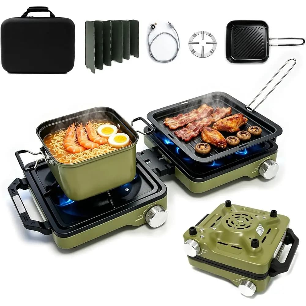 2 Burner Portable Propane Camping Stove Kit, 24000 BTU Hiking Stove with Frying Pan, Pot, Windshield & Carry Bag, Outdoor Cookwa