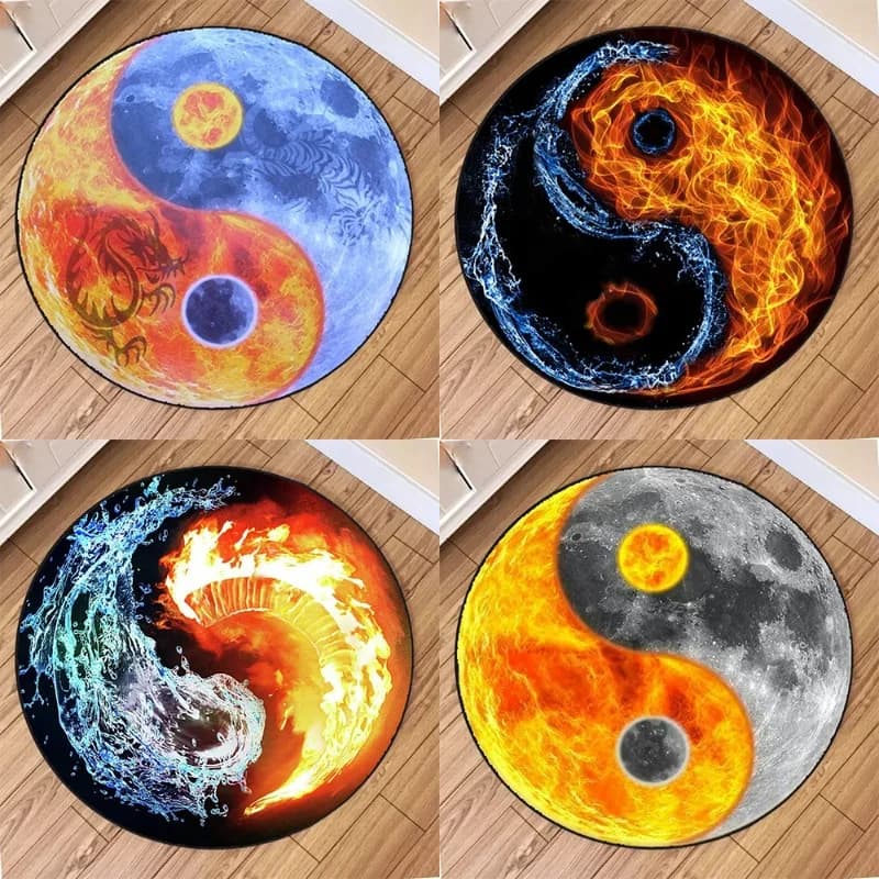 Water Fire Tai Chi Diagram Round Rug Non-Slip Wear-resistant Circle Carpet for Living Room Bedroom Soft Floor Mat Home Decor