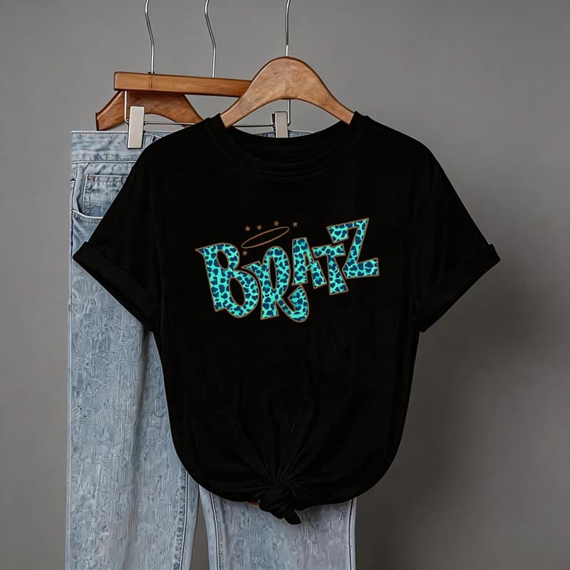Women's gothic t-shirt with Bratz leopard print, summer, crew neck, short sleeves, Y2K style, casual, graphics, '90s