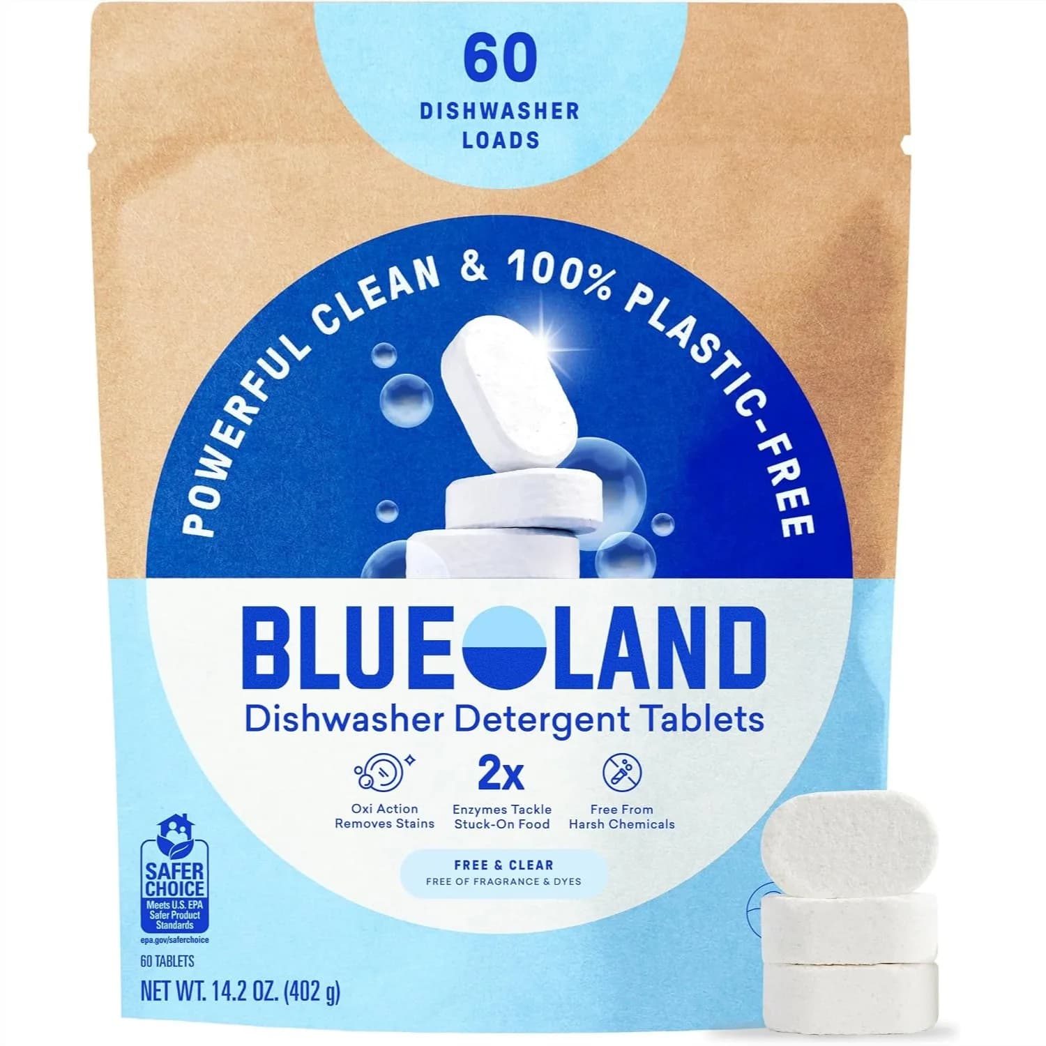 Dishwasher Detergent Tablets, 60 Count, Plastic-Free Dishwashing Pods, Cuts Grease & Stuck-On Food for Streak-Free Shine