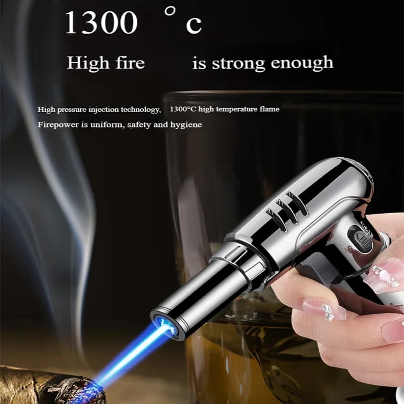 Accendino a Torcia Argento, Accendino per Sigari in Metallo, Kit Portatile di Alta Gamma per Cocktail e Fumatori, Fiamma Potente, Regolabile, Blocco di Sicurezza