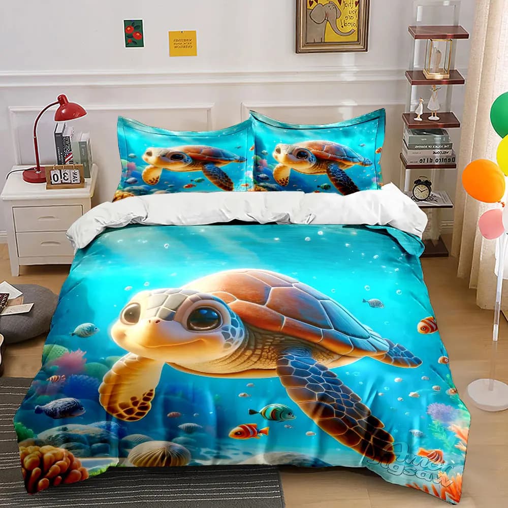 Scena subacquea con tartaruga sorridente. Set di Biancheria da Letto Stampata: 1 Copripiumino e 2 Federe per Adulti e Bambini, Regalo di Lusso, Misura Completa