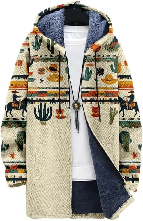Giacca azteca da uomo Cardigan Felpe con cappuccio da cowboy occidentali Foderate in pile con cerniera intera Cappotti maglione foderati in maglia 01
